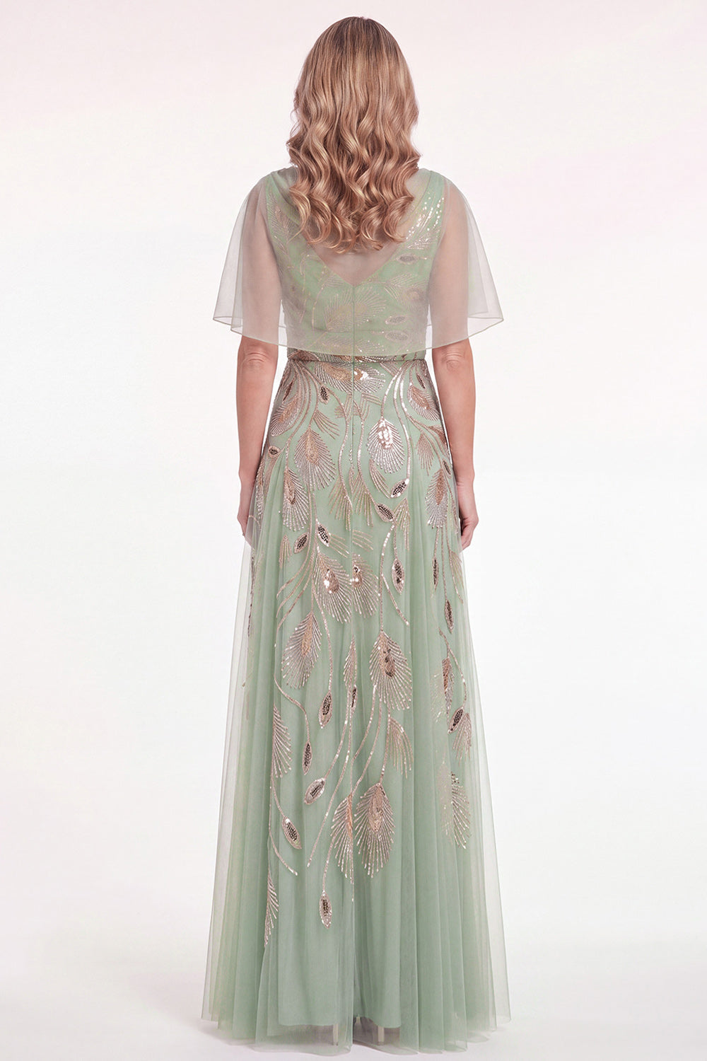 Green Tulle Beaded A Line Long Mother of the Bride Dress with Cape