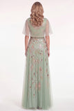 Green Tulle Beaded A Line Long Mother of the Bride Dress with Cape