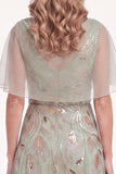 Green Tulle Beaded A Line Long Mother of the Bride Dress with Cape