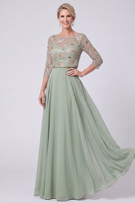 Green Beaded Chiffon A Line 3/4 Sleeves Long Mother of the Bride Dress