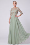 Green Beaded Chiffon A Line 3/4 Sleeves Long Mother of the Bride Dress