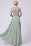 Green Beaded Chiffon A Line 3/4 Sleeves Long Mother of the Bride Dress