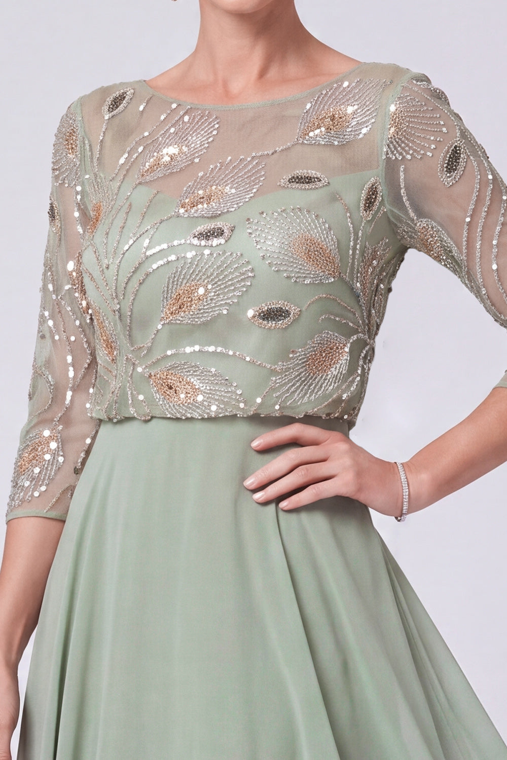 Green Beaded Chiffon A Line 3/4 Sleeves Long Mother of the Bride Dress