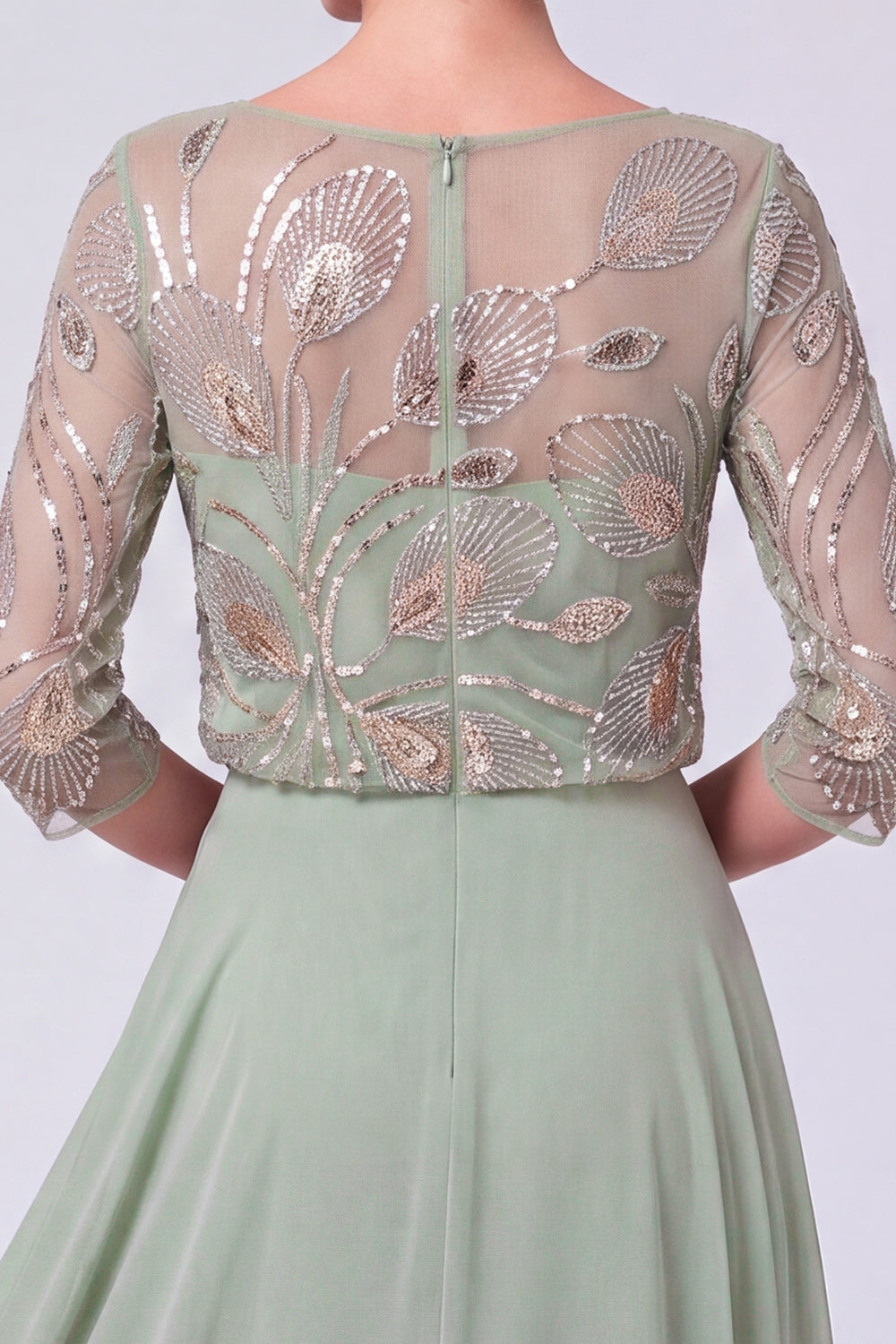 Green Beaded Chiffon A Line 3/4 Sleeves Long Mother of the Bride Dress