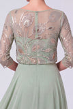 Green Beaded Chiffon A Line 3/4 Sleeves Long Mother of the Bride Dress