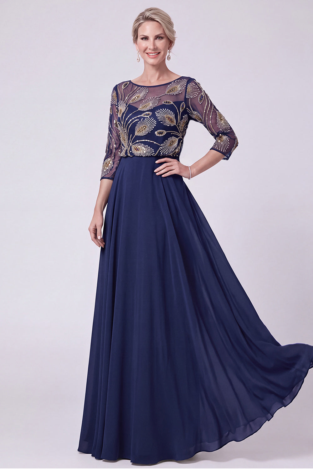 Green Beaded Chiffon A Line 3/4 Sleeves Long Mother of the Bride Dress