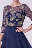 Green Beaded Chiffon A Line 3/4 Sleeves Long Mother of the Bride Dress