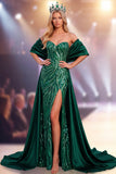 Sparkly Dark Green Mermaid Sequin Satin Long Pageant Dress with Cape