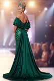 Sparkly Dark Green Mermaid Sequin Satin Long Pageant Dress with Cape
