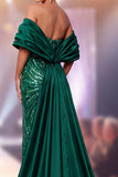 Sparkly Dark Green Mermaid Sequin Satin Long Pageant Dress with Cape