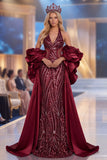 Sparkly Burgundy Mermaid Beaded Halter Ruffled Long Pageant Dress with Cape