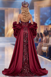 Sparkly Burgundy Mermaid Beaded Halter Ruffled Long Pageant Dress with Cape