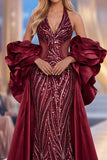Sparkly Burgundy Mermaid Beaded Halter Ruffled Long Pageant Dress with Cape