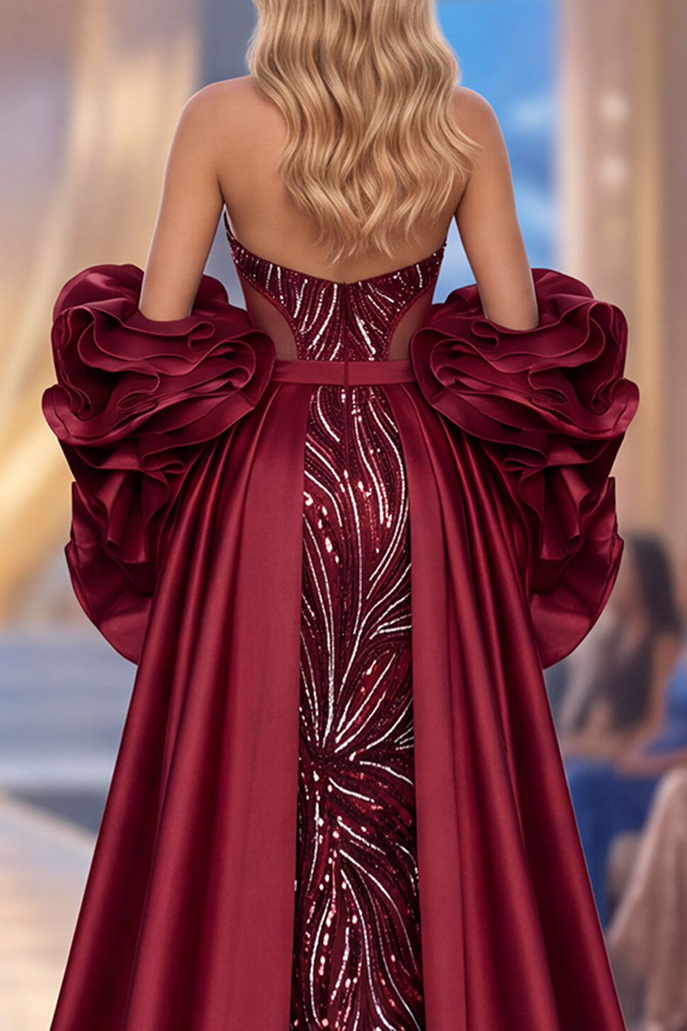 Sparkly Burgundy Mermaid Beaded Halter Ruffled Long Pageant Dress with Cape