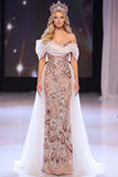 Sparkly Blush Sheath Ruched Sequin Floral Long Pageant Dress with Cape