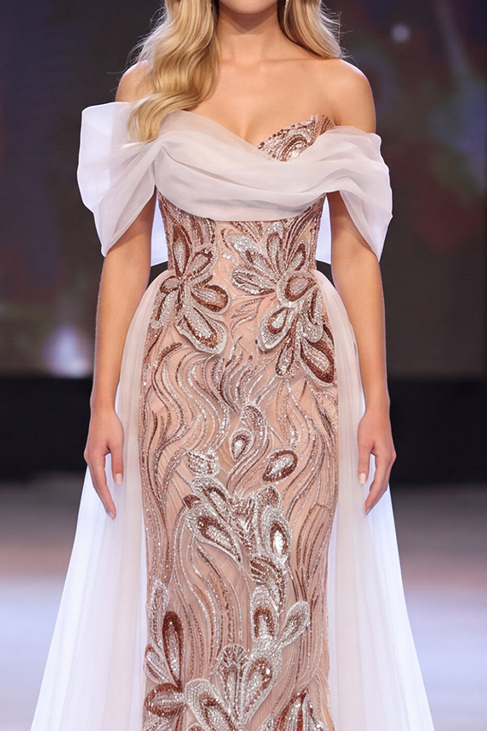 Sparkly Blush Sheath Ruched Sequin Floral Long Pageant Dress with Cape