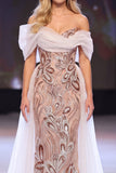 Sparkly Blush Sheath Ruched Sequin Floral Long Pageant Dress with Cape