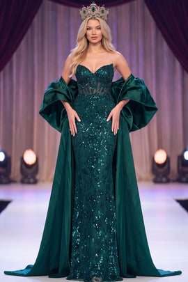 Sparkly Dark Green Mermaid Corset Sequin Long Pageant Dress with Cape