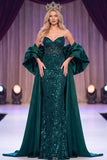 Sparkly Dark Green Mermaid Corset Sequin Long Pageant Dress with Cape
