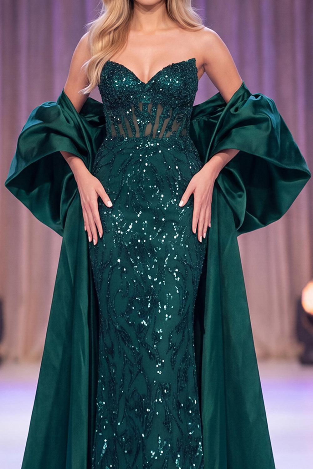 Sparkly Dark Green Mermaid Corset Sequin Long Pageant Dress with Cape