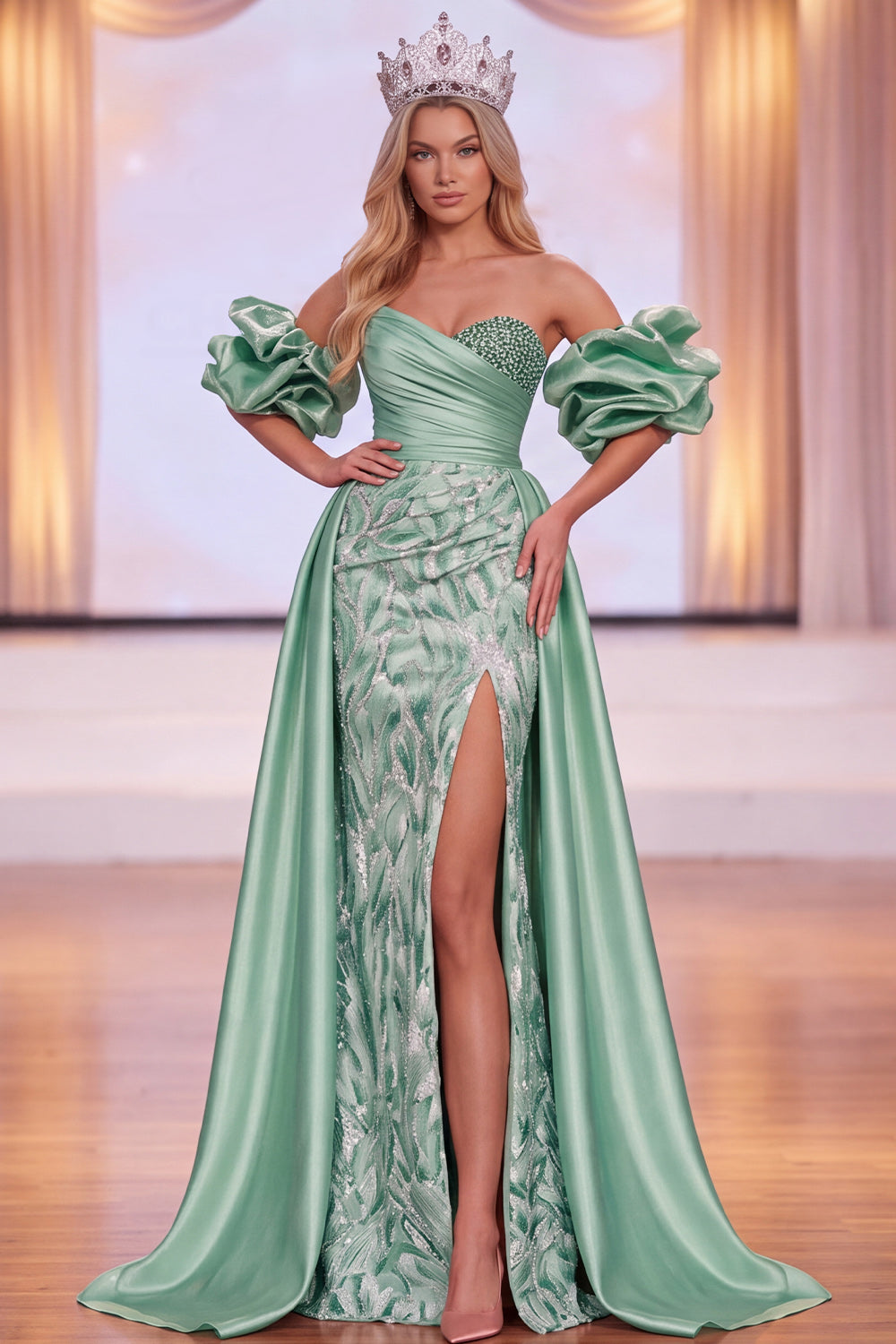 Sparkly Green Satin Mermaid Ruched Beaded Long Pageant Dress with Slit
