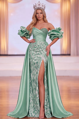 Sparkly Green Satin Mermaid Ruched Beaded Long Pageant Dress with Slit