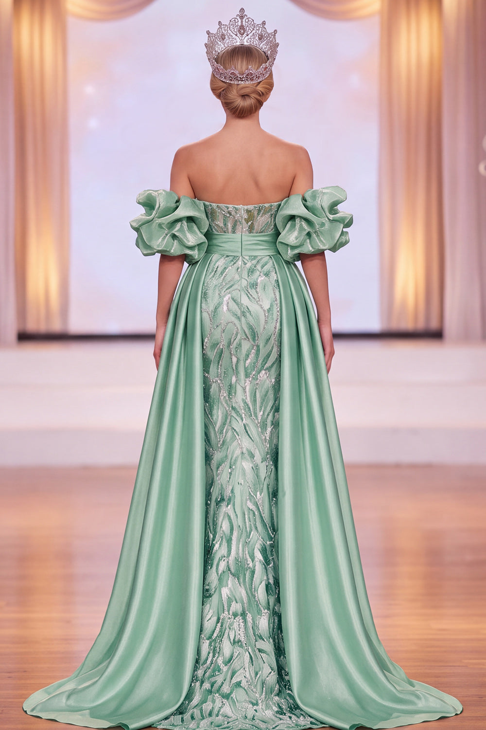 Sparkly Green Satin Mermaid Ruched Beaded Long Pageant Dress with Slit