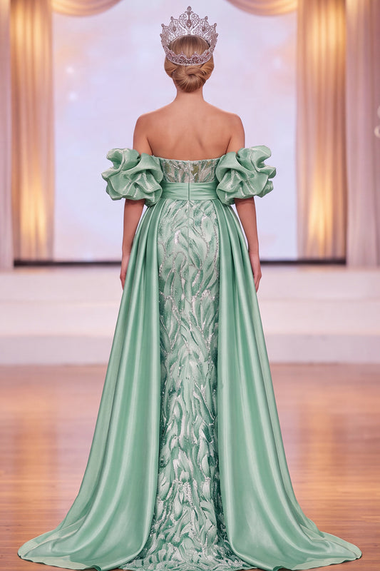 Sparkly Green Satin Mermaid Ruched Beaded Long Pageant Dress with Slit