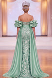 Sparkly Green Satin Mermaid Ruched Beaded Long Pageant Dress with Slit