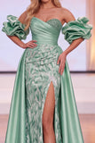 Sparkly Green Satin Mermaid Ruched Beaded Long Pageant Dress with Slit