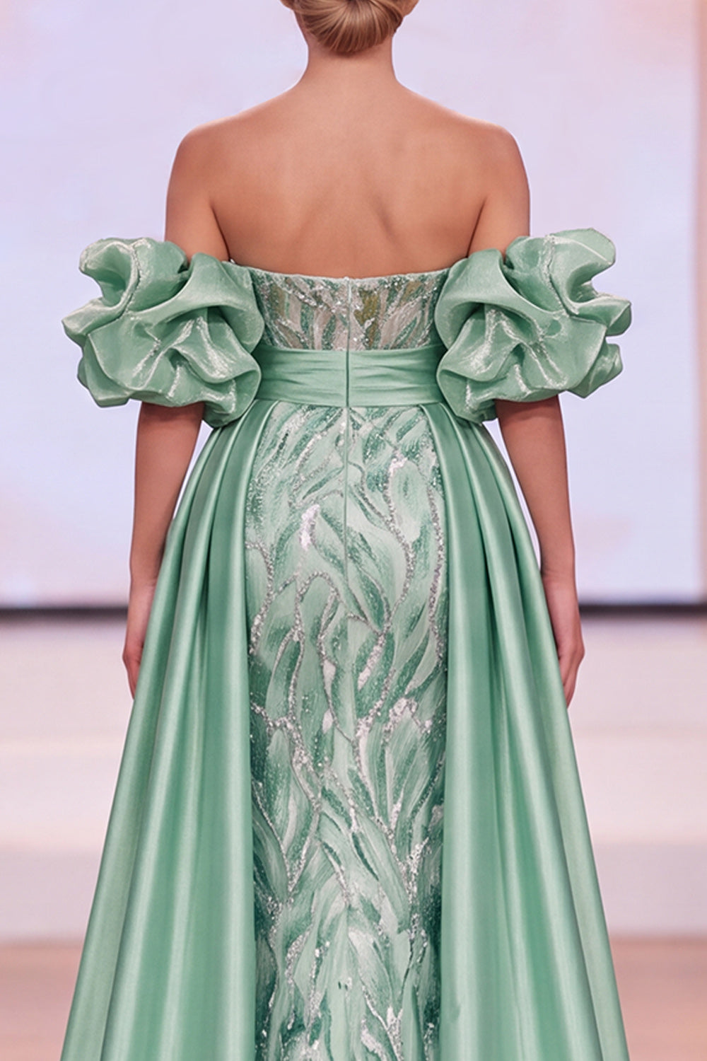 Sparkly Green Satin Mermaid Ruched Beaded Long Pageant Dress with Slit