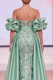 Sparkly Green Satin Mermaid Ruched Beaded Long Pageant Dress with Slit
