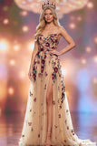 Sparkly Champagne A-Line Sweetheart Floral Long Pageant Dress with Slit