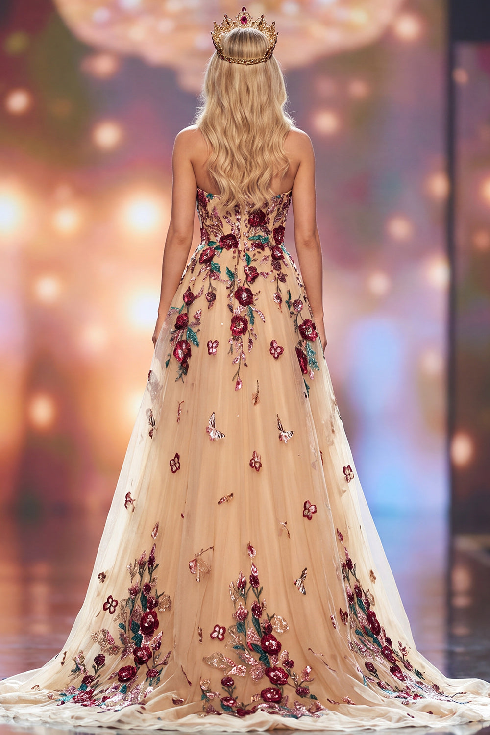 Sparkly Champagne A-Line Sweetheart Floral Long Pageant Dress with Slit