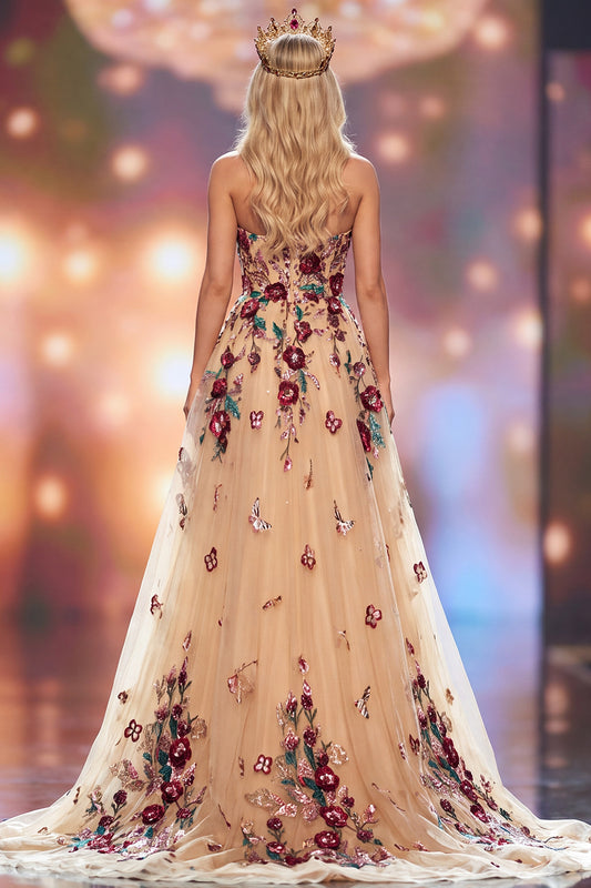 Sparkly Champagne A-Line Sweetheart Floral Long Pageant Dress with Slit