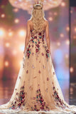 Sparkly Champagne A-Line Sweetheart Floral Long Pageant Dress with Slit