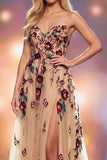 Sparkly Champagne A-Line Sweetheart Floral Long Pageant Dress with Slit
