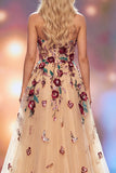 Sparkly Champagne A-Line Sweetheart Floral Long Pageant Dress with Slit