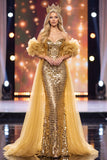 Sparkly Golden Mermaid Sequin Long Pageant Dress with Cape