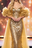 Sparkly Golden Mermaid Sequin Long Pageant Dress with Cape