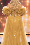 Sparkly Golden Mermaid Sequin Long Pageant Dress with Cape