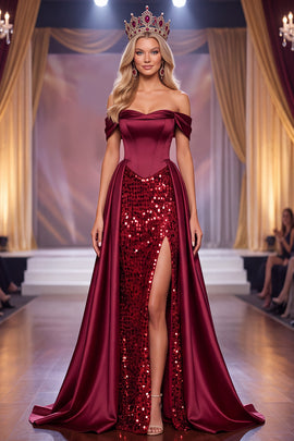 Sparkly Burgundy Corset Mermaid Ruched Sequin Long Pageant Dress with Slit