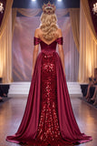 Sparkly Burgundy Corset Mermaid Ruched Sequin Long Pageant Dress with Slit