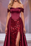 Sparkly Burgundy Corset Mermaid Ruched Sequin Long Pageant Dress with Slit