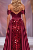Sparkly Burgundy Corset Mermaid Ruched Sequin Long Pageant Dress with Slit