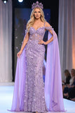 Sparkly Lilac Mermaid Floral Corset Beaded Long Pageant Dress with Cape