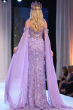 Sparkly Lilac Mermaid Floral Corset Beaded Long Pageant Dress with Cape