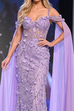 Sparkly Lilac Mermaid Floral Corset Beaded Long Pageant Dress with Cape