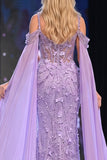 Sparkly Lilac Mermaid Floral Corset Beaded Long Pageant Dress with Cape