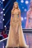 Sparkly Golden Corset Mermaid Sequin Long Pageant Dress with Cape